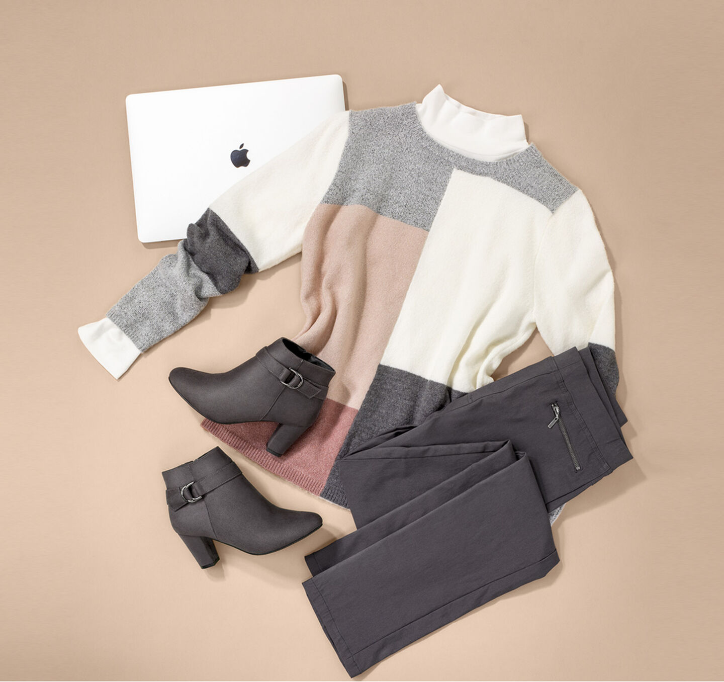 The Colourblock Jumper | Colourblock Colourblock Jumper | Super Stretchy Pull-on Trousers | Comfort Heeled Boots | By Cotton Traders