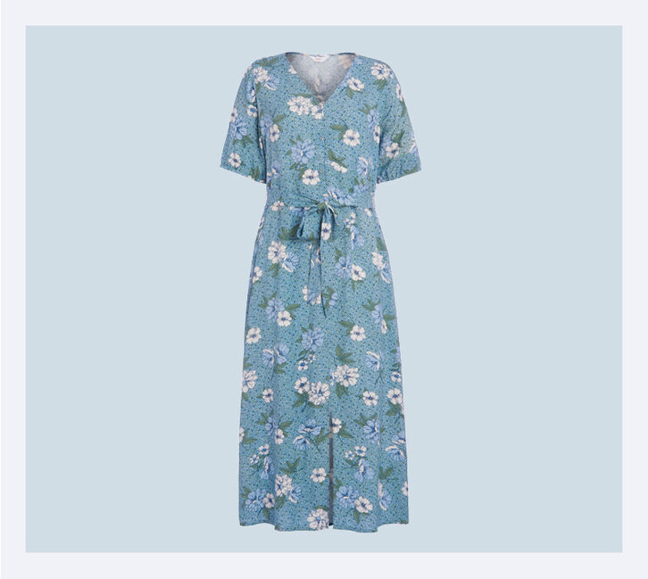 A product image of the Cotton Traders blue floral maxi dress. The image reads 