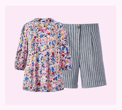 Side by side product image of the Cotton Traders floral blouse and blue and white pinstripe shorts with the heading 