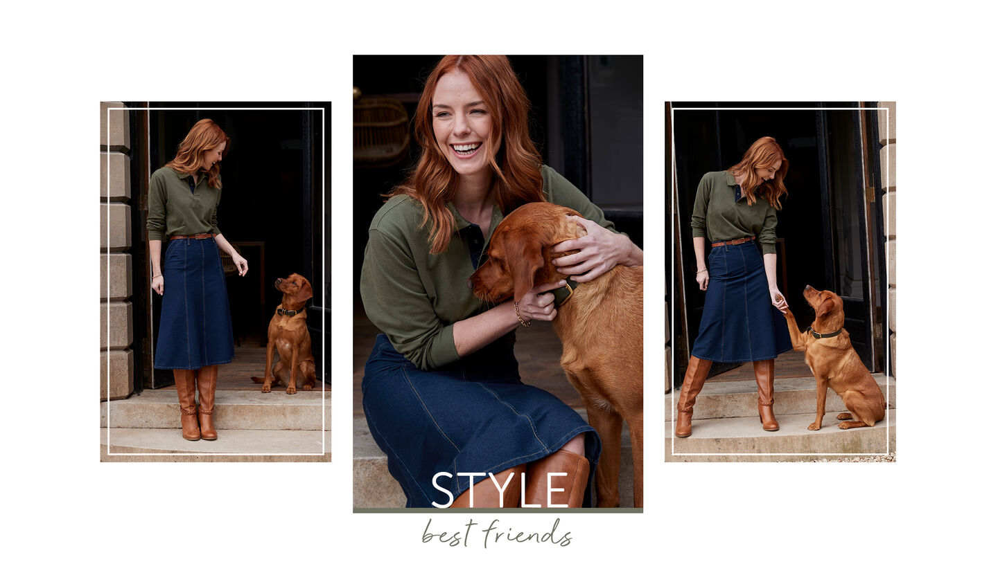 Lady playing with a dog, while wearing a Green Cotton Traders Long Sleeve Polo Shirt and Jersey Denim Midi Skirt